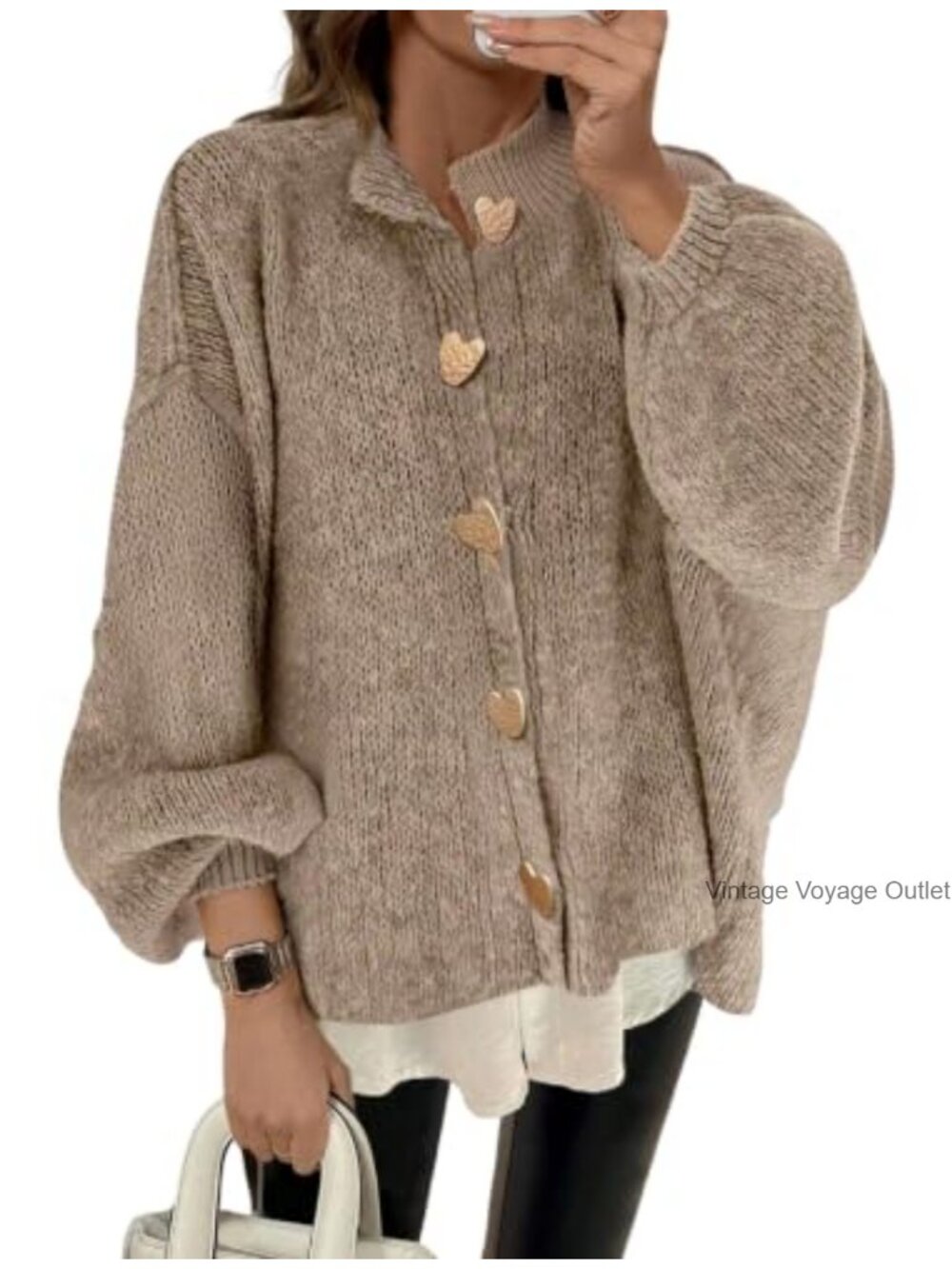 Oversized Chunky Knit Cardigan Sweater Lantern Sleeve Button Up